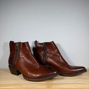Frye Melissa Double Zip Ankle Boots Womens 8.5 Cognac Leather Pointed Toe Bootie